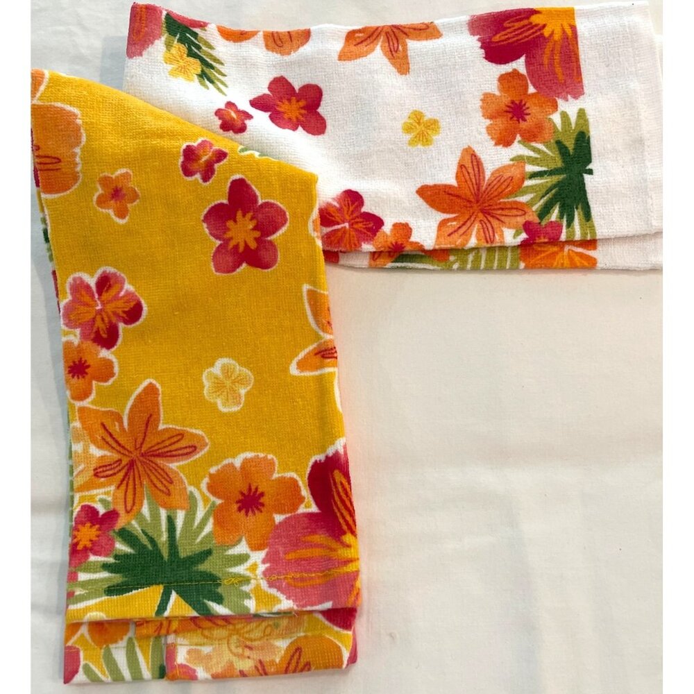Terry Hand Tea Towels Set Kitchen Floral Hibiscus Orange Red Yellow Flower NWT - Picture 2 of 7